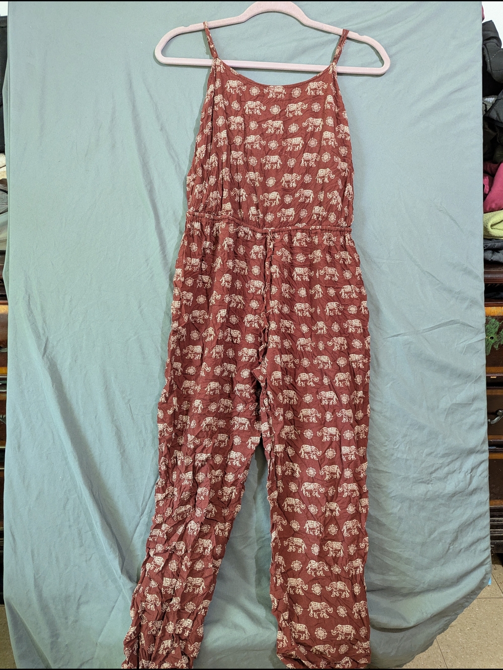Rust-Red Elephant Print Spaghetti-Strap Jumpsuit